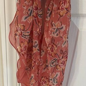 Ralph Lauren 100% Silk Chiffon Ruffle Edge Floral Scarf Coral